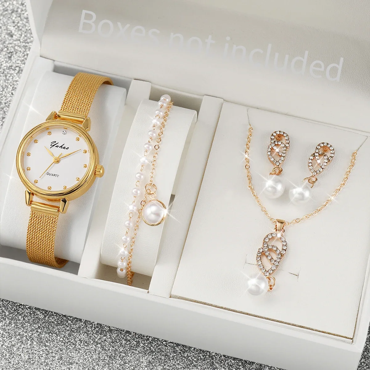 

Модный легкий роскошный сетчатый ремешок из сплава с круглым циферблатом, женские кварцевые часы и комплект ювелирных изделий из 6 предметов, подходит для повседневного ношения, Рождества