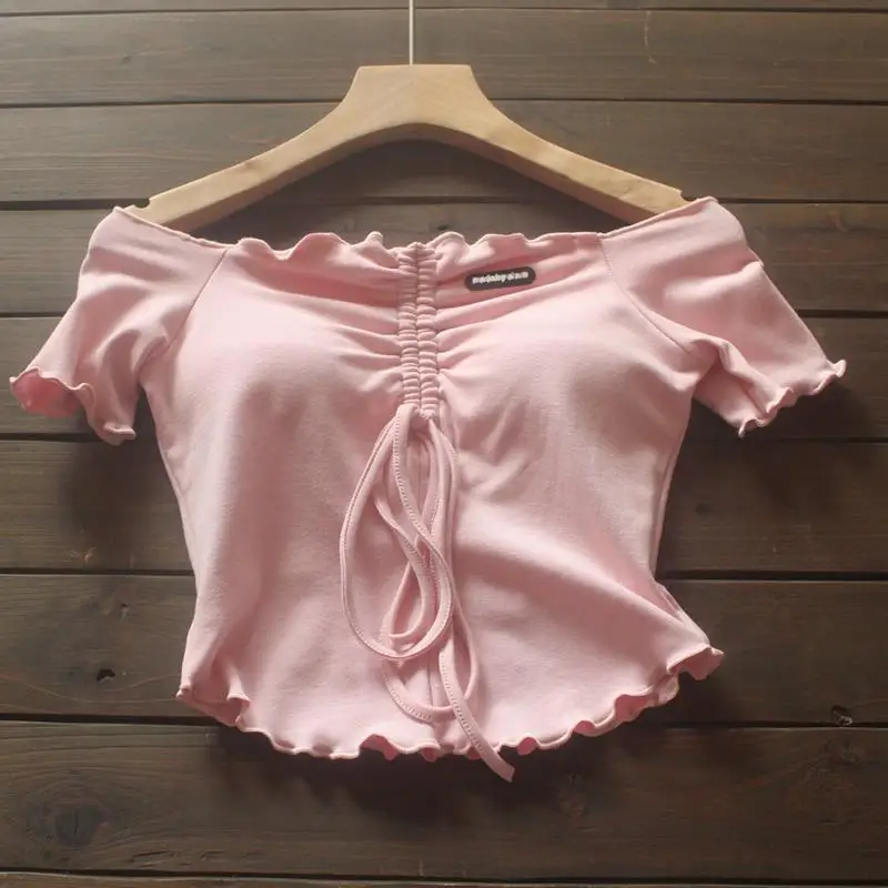 Ele Unique oulder Bared T irt T da donna Faionable Beautiful Summer High ade ort Sve Dstring T-shirt in fibra mista