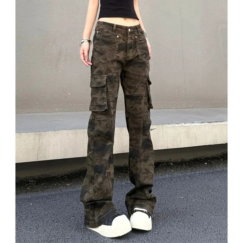 Damen Retro Streetwear Camouflage Schlaghose Mädchen High-Waist Gerade Hose Frauen Schicke Slim-Fit Denim-Hose