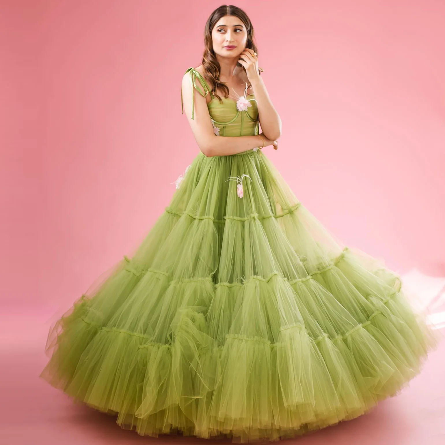 Fresh Green Volume Tulle Long Women Maxi Dresses With Handmade Flower Pretty A-line Long Tutu Tulle Wedding Gowns