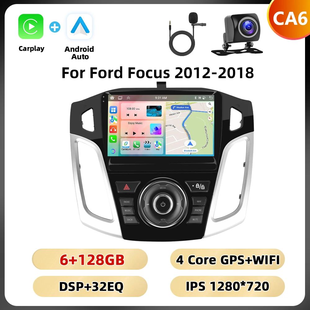 Podofo 2Din 8 + 128G Autoradio Voor Ford Focus 2012-2018 Multimedia Speler AI Voice WIFI 4G Carplay Android Auto USB Spiegel Link