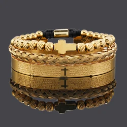 Luxury Stainless Steel Beads Cross Charms Man Bracelet Carving Spanish Scripture Bangles Women Jewelry Set Gift