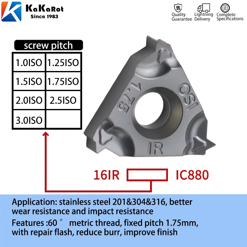 KaKarot MMT16IR-Herramienta de inserción de carburo, herramienta de torno de hilo para SER CNC, acero inoxidable, 1,0/1,25/1,5/1,75/2,0/2,5/3.0ISO
