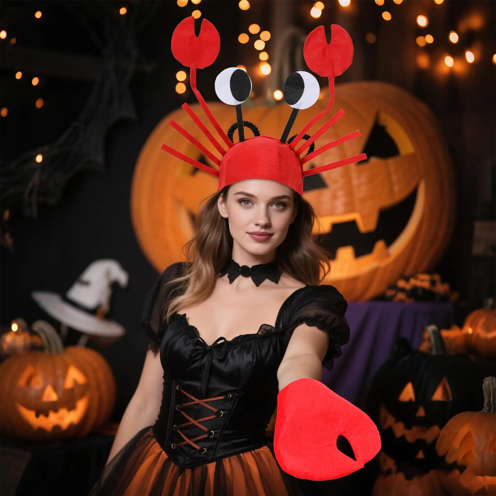 ชุดปูแฟนซี หมวกปูพร้อมที่คาดผม พร้อมถุงมือกรงเล็บสีแดง ของขวัญสำหรับผู้หญิงและผู้ชาย สำหรับฮาโลวีน คอสเพลย์สัตว์