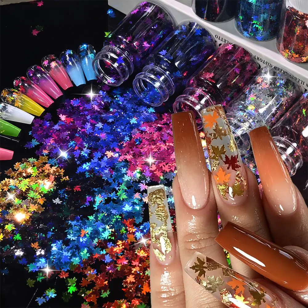 5g*10Jars Holographic Maple Leaf Nail Glitter Sequins Sparkly Maple Leaves Nails Flakes for UV Gel Polish Autumn Manicure Supply