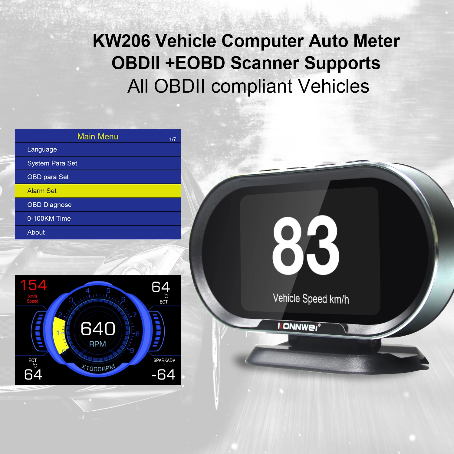 2024 Auto diagnostic tool Car hud head up display KW206 LCD speedometer OBD Gauge with car alarms