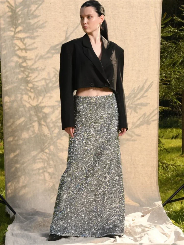 Sequin High Waist Fashion Maxi Skirt Female Slim Glitter Patchwork Party Looks Streetwear Women's Patchwork Long Skirt