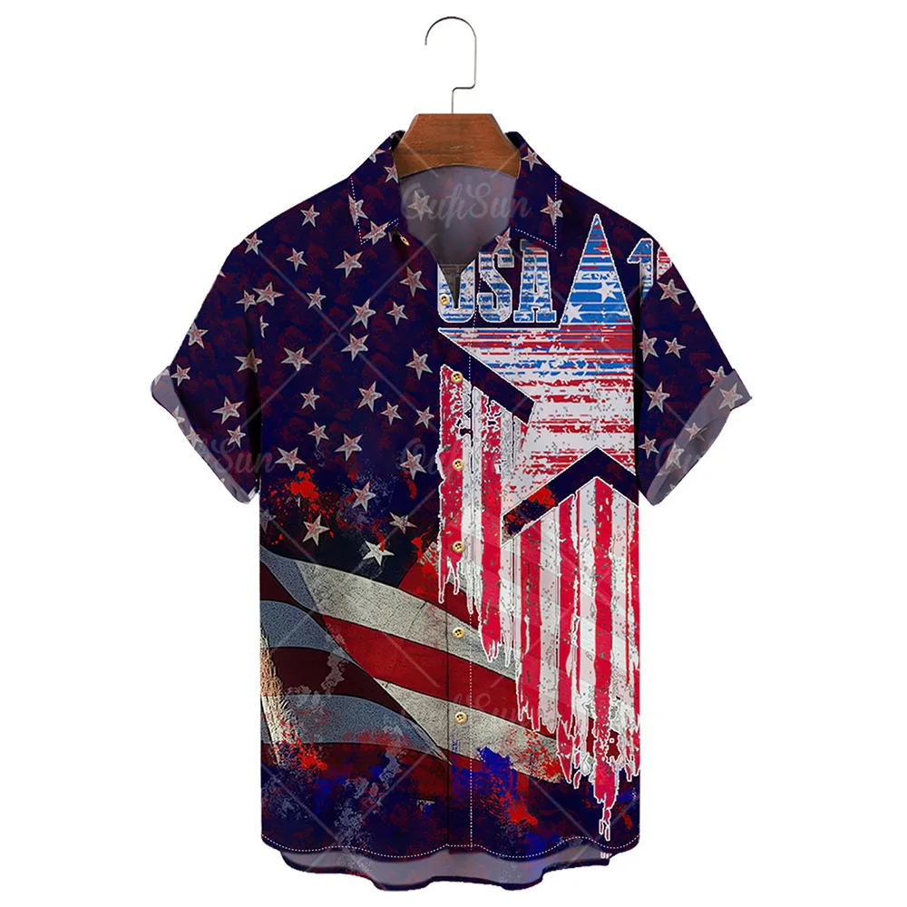 2023 New Hawaiian Shirt, US Flag Independence Day 3D Printed Short sleeved Shirt, Men's Four Sided Elastic Shirt