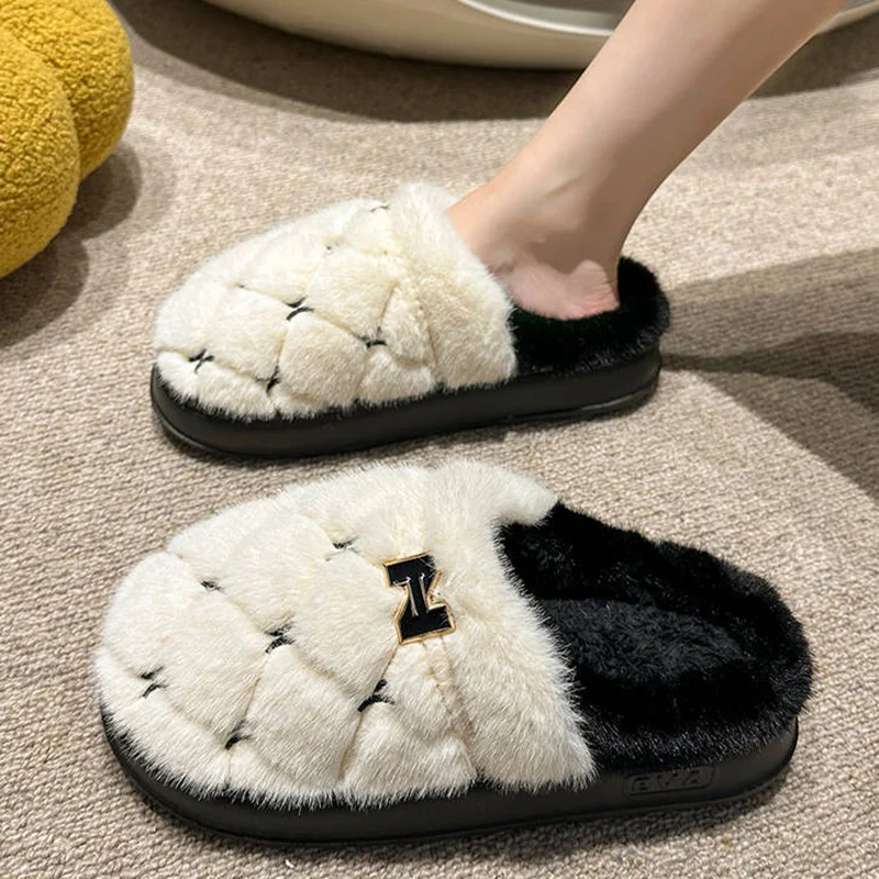 New Women's Fur Slippers Indoor House Fluffy Slides Autumn Winter Multi-Color Warm Plush Slippers Bedroom Ladies Cotton Shoes