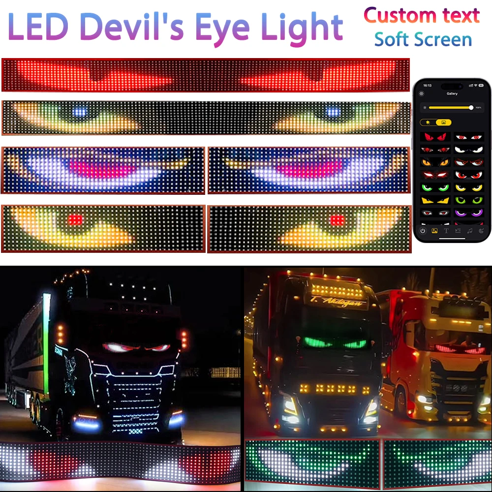 LED Devil Eyes Light Free Custom Text Soft Screen Dynamic For Truck Car BUS APP Remote Control For Board Windshield Music Mod