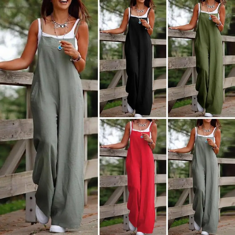 Women Summer Jumpsuit Backless Sleeveless Spaghetti Strap Casual Jumpsuit Wide Leg Loose Deep Crotch Pockets Lady Jumpsuit