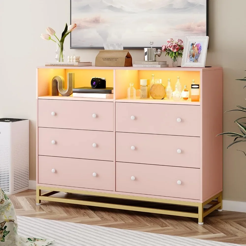 Dresser, 6 Drawers, Double Dresser, TV Cabinet with Power Socket and LED Lights for Room, Hallway, Wooden Dresser