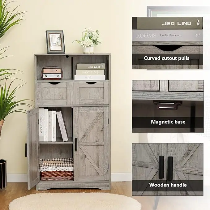 Floor Storage Cabinet with 2 Adjustable Drawers & 2 Barn Doors, Standing Cupboard with 2 Shelf, for Living Room