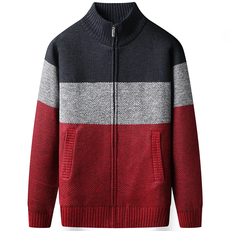 

Fleece Winter Men Sweater Add Velvet Cardigan Patchwork Color Stand Collar Male Casual Zipper Knitted Thick Warm Sweatercoat