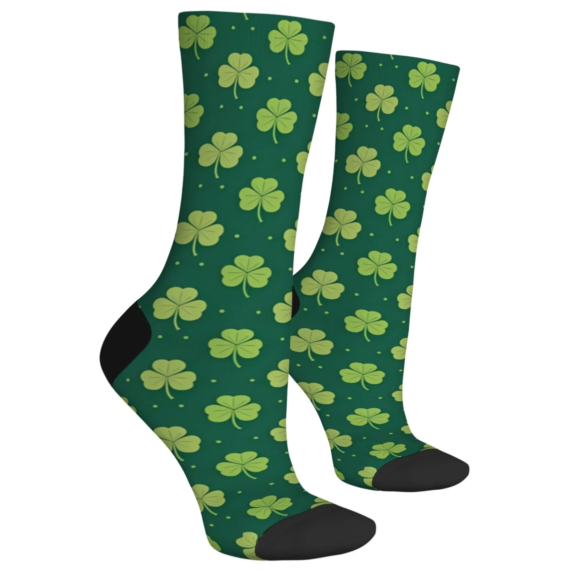 Harajuku retro light green four-leaf clover print socks, novelty street art, natural plant style men's socks party holiday gift