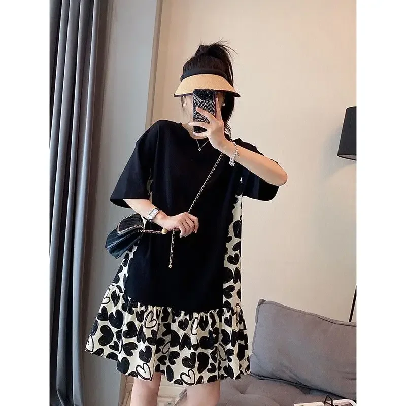 Zomer Zoete Print Patchwork O-hals Korte Mouw Oversized Midi Jurk Femme Koreaanse Losse Geplooide Pullover T-Shirt Jurken