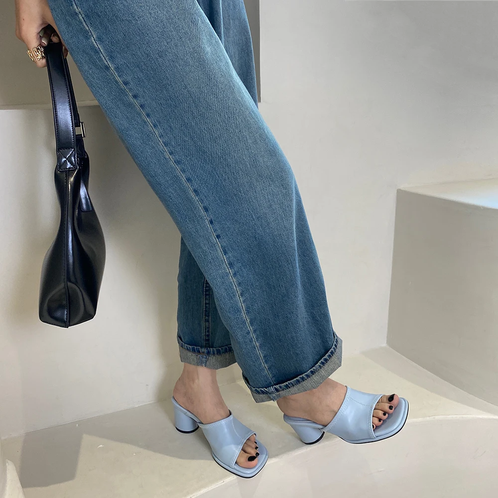 Fashion Women Sandals Slides Slippers Open Toe Summer Dress Shoes Woman Size 35-40 Blue Black White Zebra Color Round High Heels