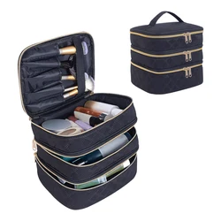 3-Layer Large Capacity Quilted Makeup Bag Organizer with Handles - Suitable for Travel and Home Organizer