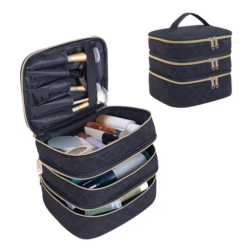 Imagen 1 del producto Organizador de bolsa de maquillaje acolchado de gran capacidad de 3 capas con asas: adecuado para viajes y organizador del hogar