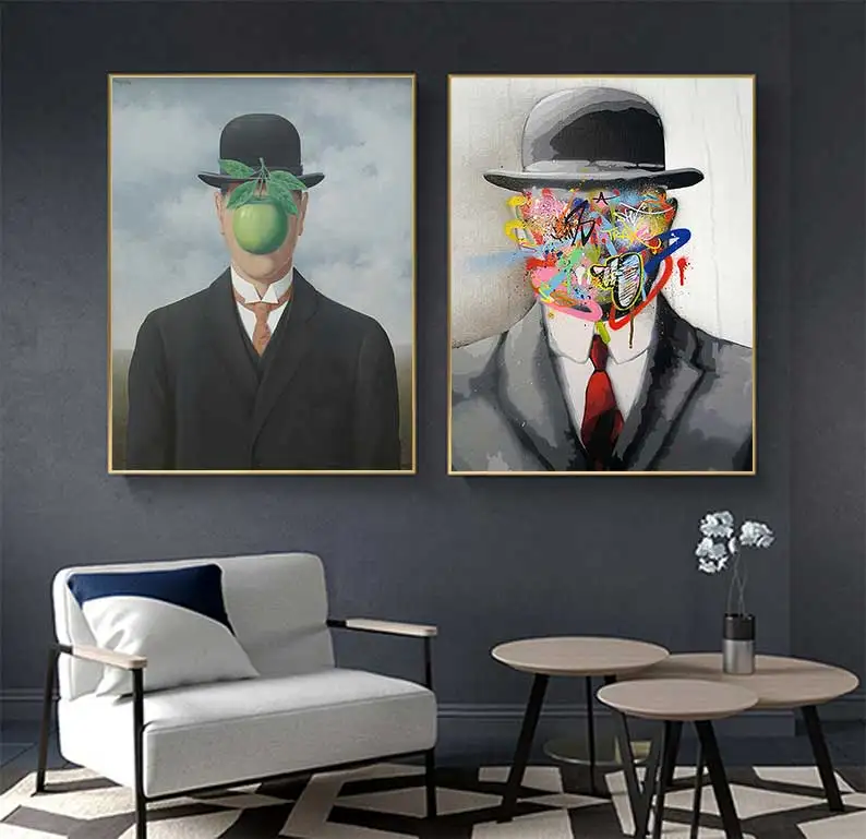 Rene Magritte Famous Painting Man Graffiti Art Posters and Prints Pop Art Canvas Paintings Street Art for Home Decor