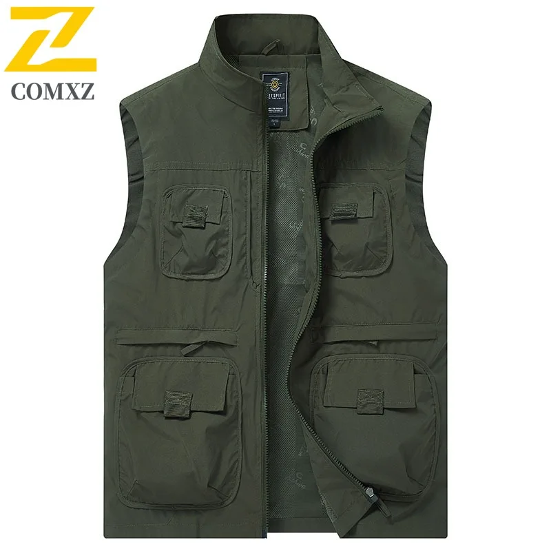 

COMXZ 2025 мужской уличный жилет большого размера с 3D несколькими карманами, свободная рабочая одежда, повседневное пальто, модное модное пальто для пешего туризма и рыбалки