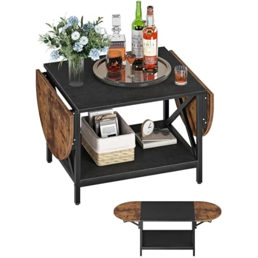 

Складной журнальный столик 47,2 дюйма, двухъярусный выдвижной журнальный столик, коричневый и черный в деревенском стиле TKF02BF