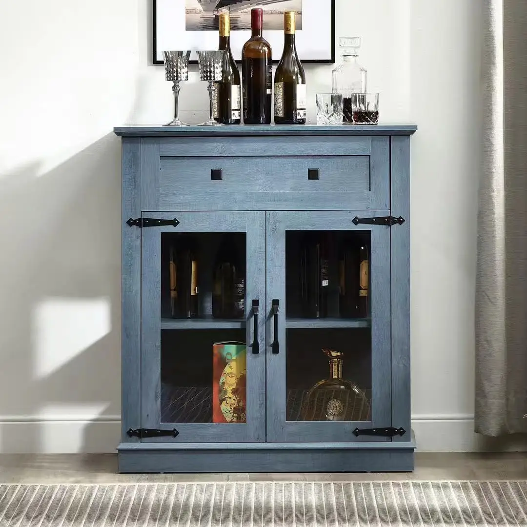 

The storage sideboard with adjustable shelves is with 6 color led lighting and drawer, 2 doors,in grey,dark rustic oak and blue