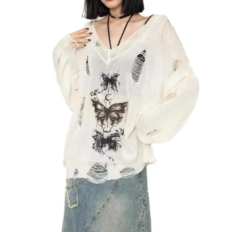 Broken Hole Y2k Knitted Cover Sweater Women Dark Style Lazy Knitted Sweater Hollow Print Long Sleeved Loose Pullover Sweater Top