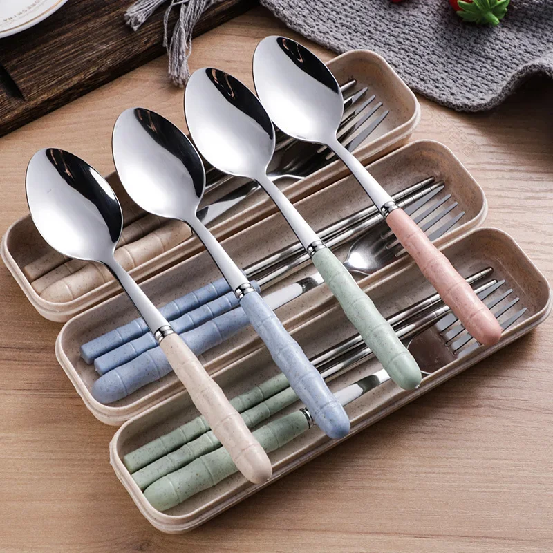 2/3PCS Spoon Fork Chopstick Cutlery Portable Dinnerware Kit Lunch Tableware With Box Set 401 Stainless Steel Kitchen Accessories