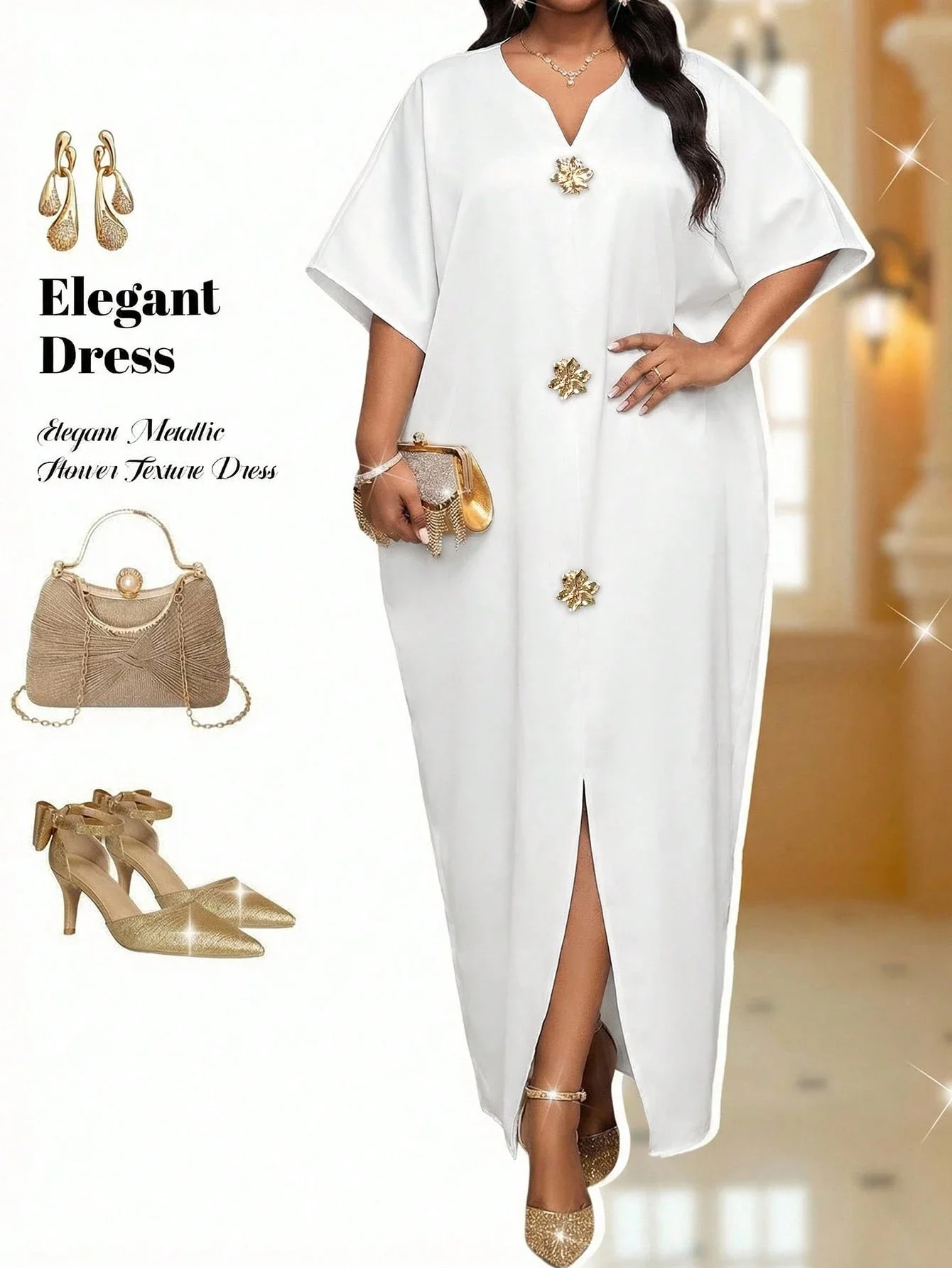 

Elegant White Maxi Dress With Floral Buttons Plus Size Formal Party Dress