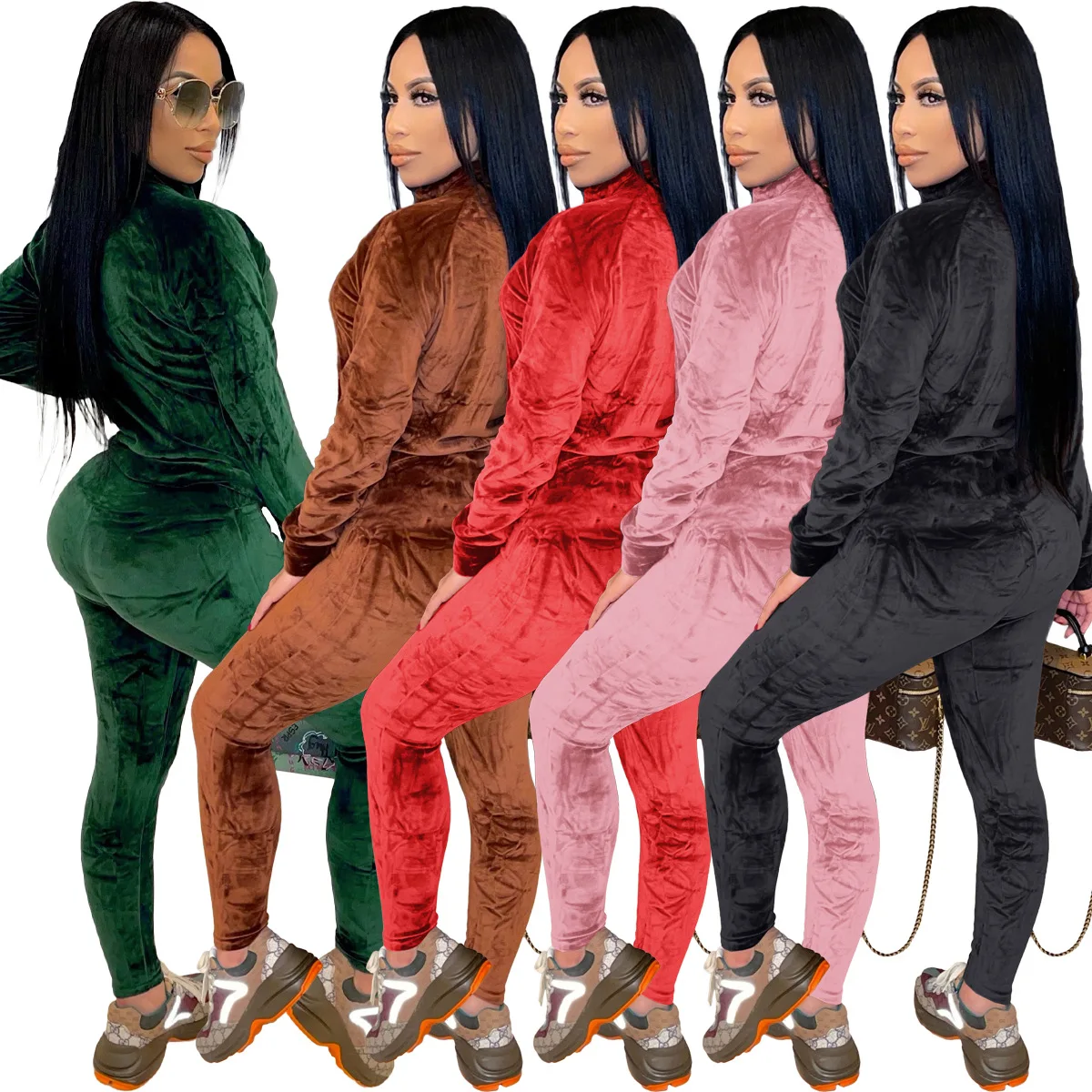 Fashion new arrivals velvet fabric long sleeve zipper blank ladies custom velour tracksuit 2 piece jogger set women