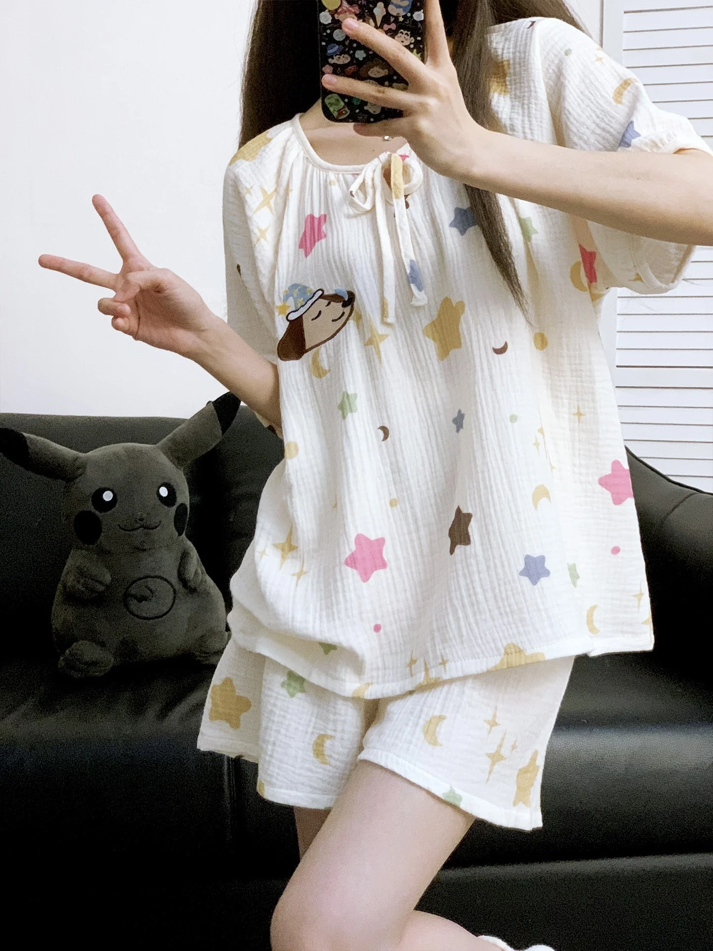 pure-cotton-baby-sleepwear-short-sleeve-shorts-home-clothes-set-for-women-summer-new-style-cartoon-cute-design-cotton-gauze