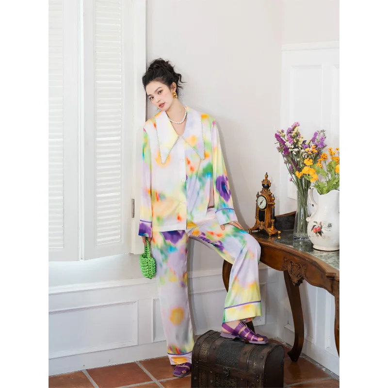 2 Pieces Set Women Sleepwear Watercolor Print Long-sleeved Pajamas Spring Diamond-encrusted Large Lapel Silk Home Clothes Suit