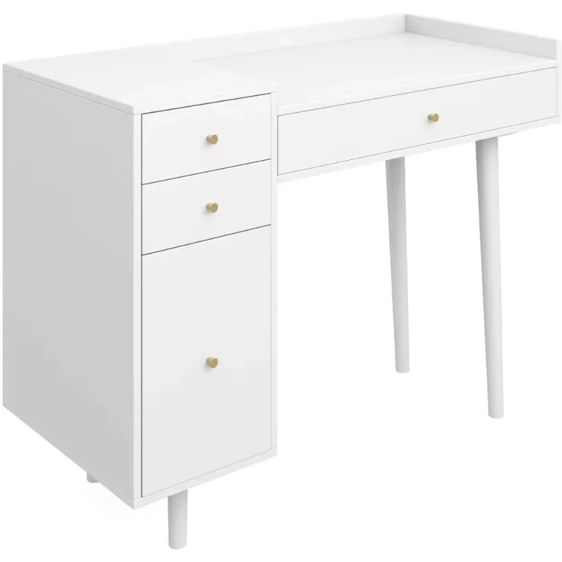 

Daisy Vanity Dressing Table or Makeup Desk with 4-Drawers and Brass Accent Knobs, White Wood