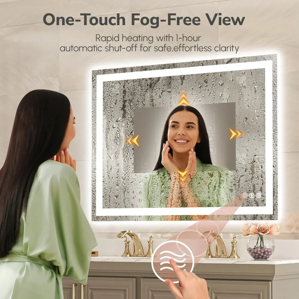 Espelho de banheiro de vidro temperado retroiluminado LED sem moldura de 48 x 36 polegadas com iluminação de vaidade