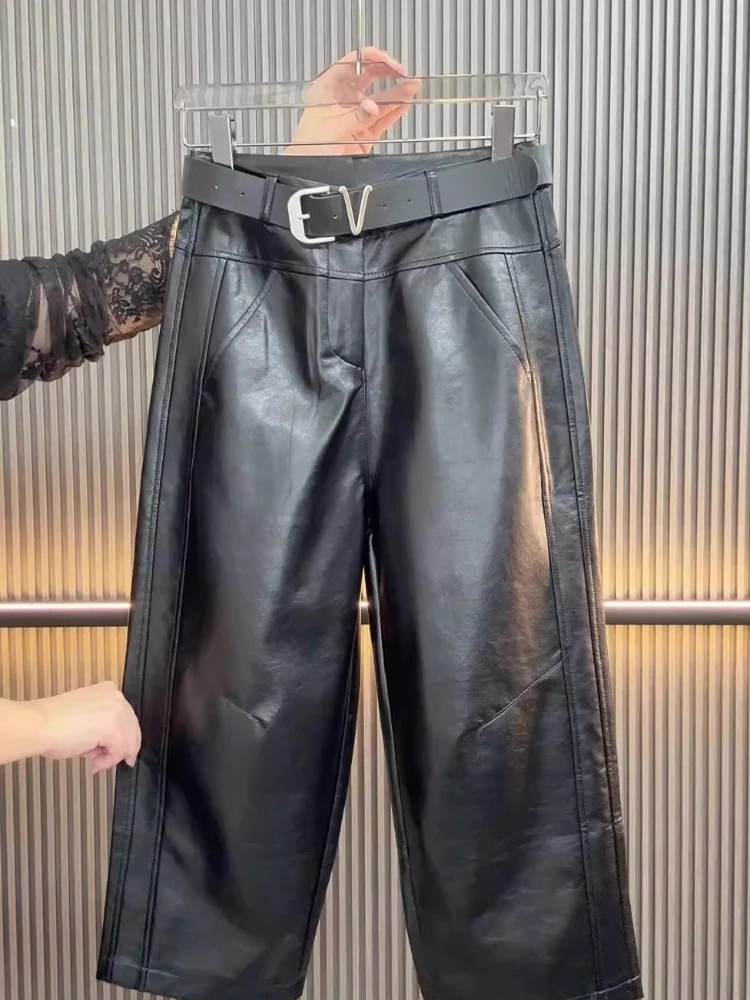 여성 루즈 와이드 레그 PU 가죽 바지 가을 겨울 신축성 있는 허리 패션 Y2K 따뜻한 바지 스트레이트 엘레강트 바지 아우터웨어