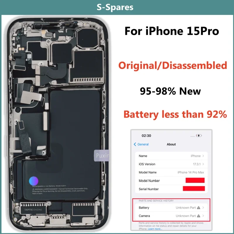 95% New Original Disassembled Middle Housing Back Cover Glass For iPhone 15 Pro with Battery Rear Camera NFC Wireless Assembly