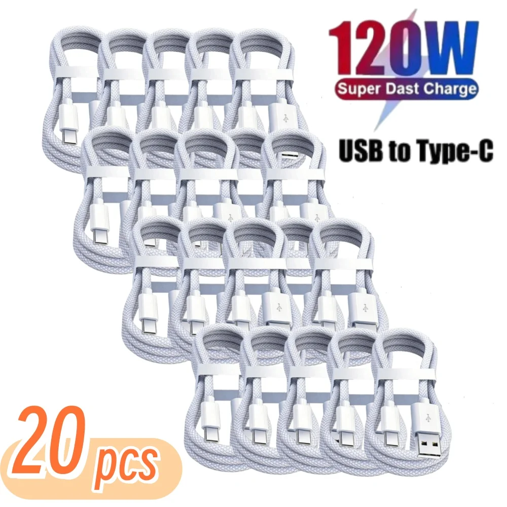 20PCS 120W USB A to USB-C Fast Charging Charger Cable High Speed Charge Wire Support iPhone 17 16 15 Samsung Huawei Xiaomi Etc