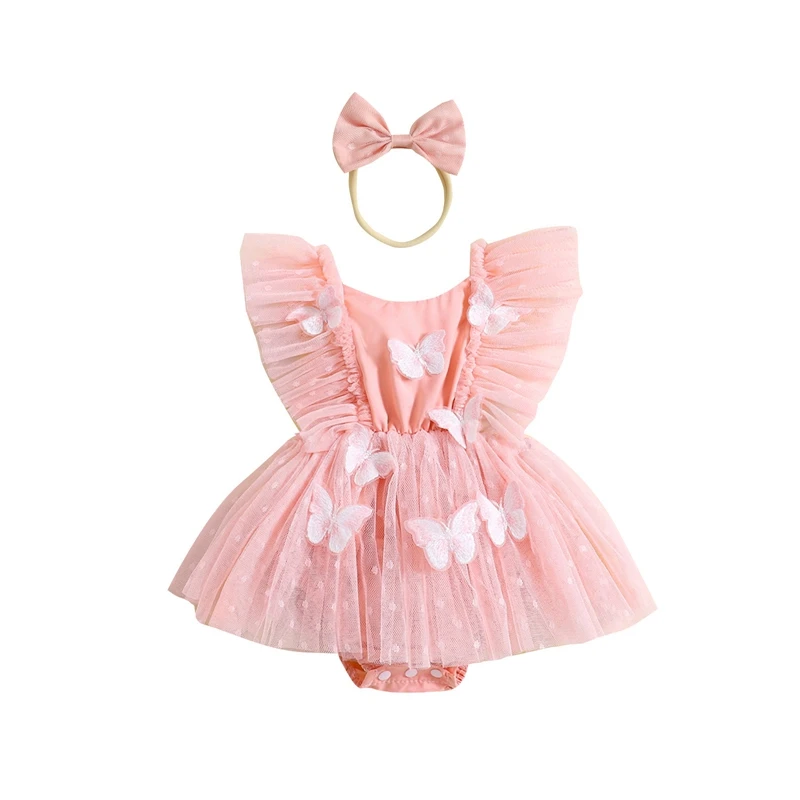 

Baby Girl Tulle Romper Dress Fly Sleeve 3D Butterfly Embroidery Bodysuit Infant Summer Clothes Outfit