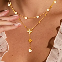 Pearl four-leaf clover pendant with zirconia luxury and elegant style women's fashion double-layered necklace for daily wear