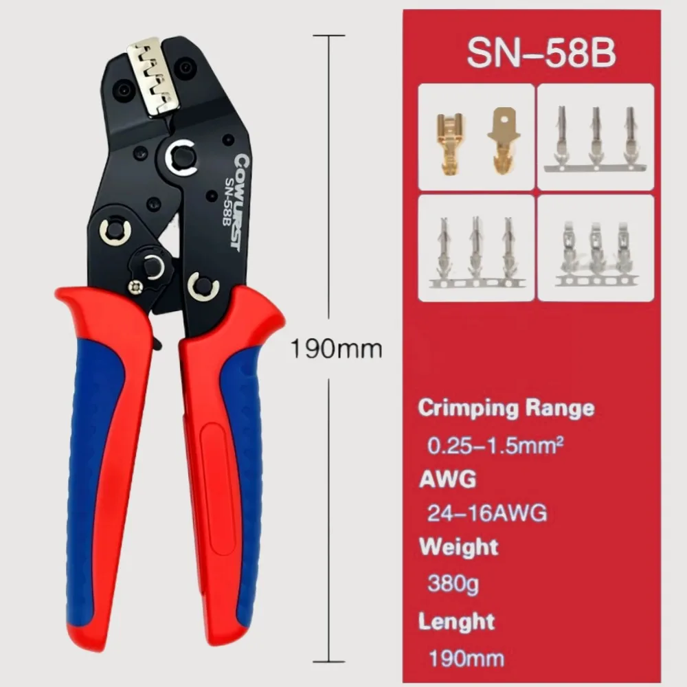 Pinza per crimpare terminali per auto SN-58B con un set di ganasce aggiuntivo per terminali a pressatura a freddo e pinze per utensili per l'inserimento del perno a molla