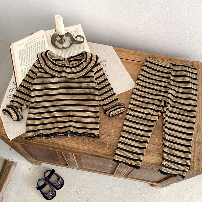 Autumn new style baby clothes 0-3 years old baby clothes baby girl suit Striped lotus leaf collar long-sleeved top pants