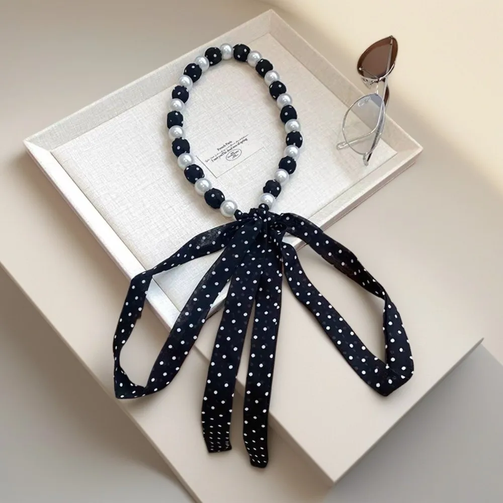 All-match Vintage Style Pearl Necklace Scarf Ribbon Hair Band Waist Chain Sweet Adjustable Polka Dots Scarf Summer Season