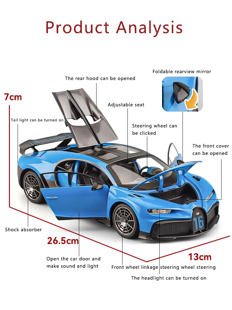 1:18 Bugatti Chiron Alloy Car Model Simulation Sound And Light Pull Back Toy Car Metal Sports Car Boys Collection Ornaments Gift