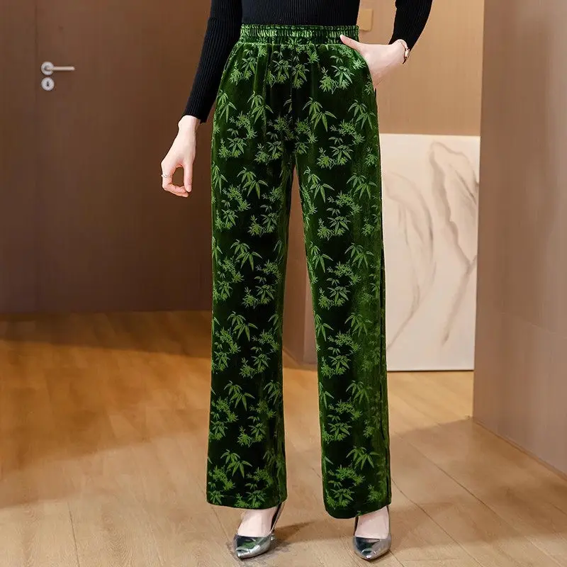 

Chinese Style Bamboo Printed Velvet Pants For Women 2024 Spring And Autumn High Waisted Retro Green Straight Leg Trousers Z4081