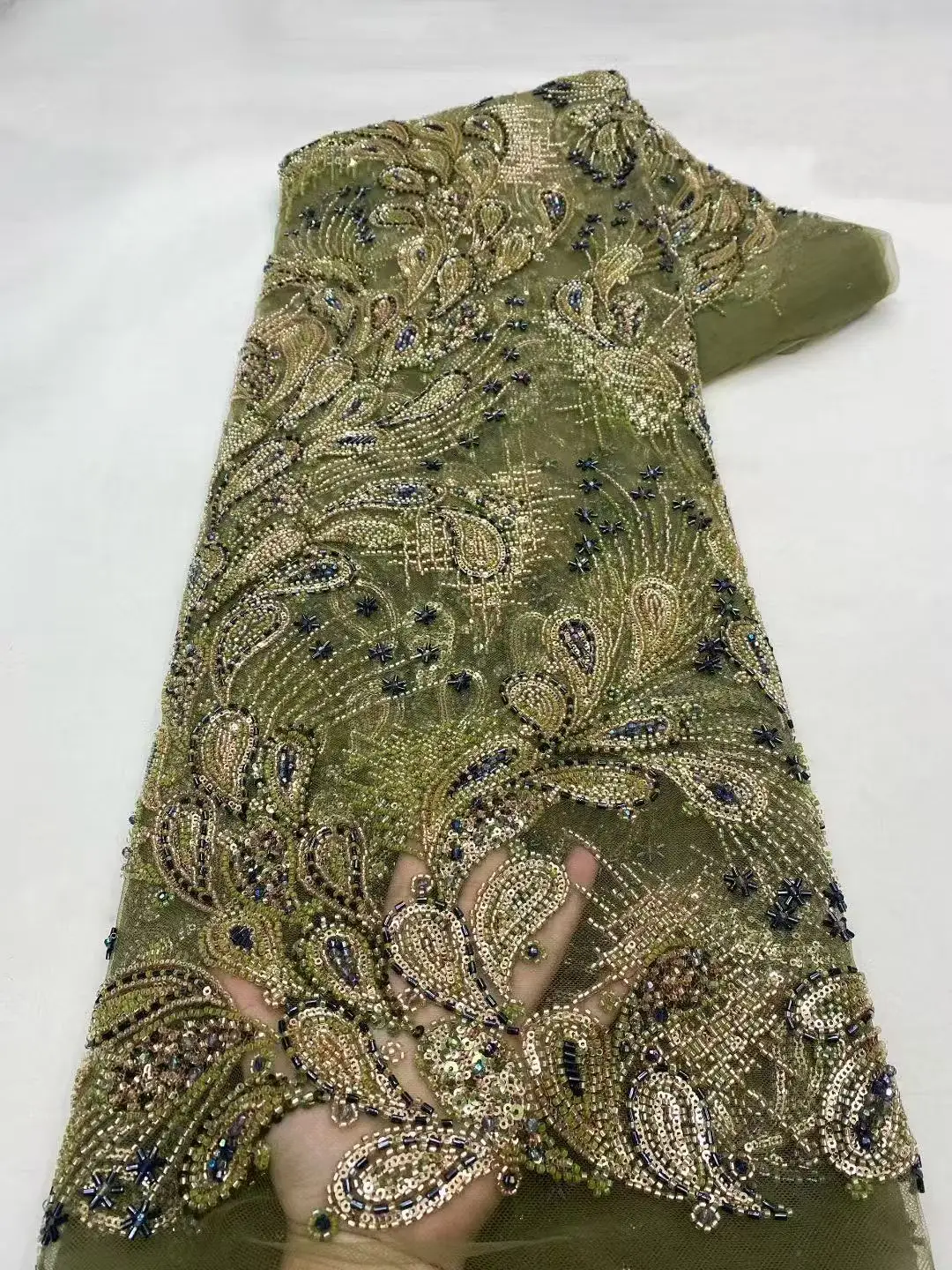 

African Lace Fabric Sequins Beaded Embroidery Groom Nigerian Bridal High Quality French Tulle Lace Fabric For Wedding Party Sew