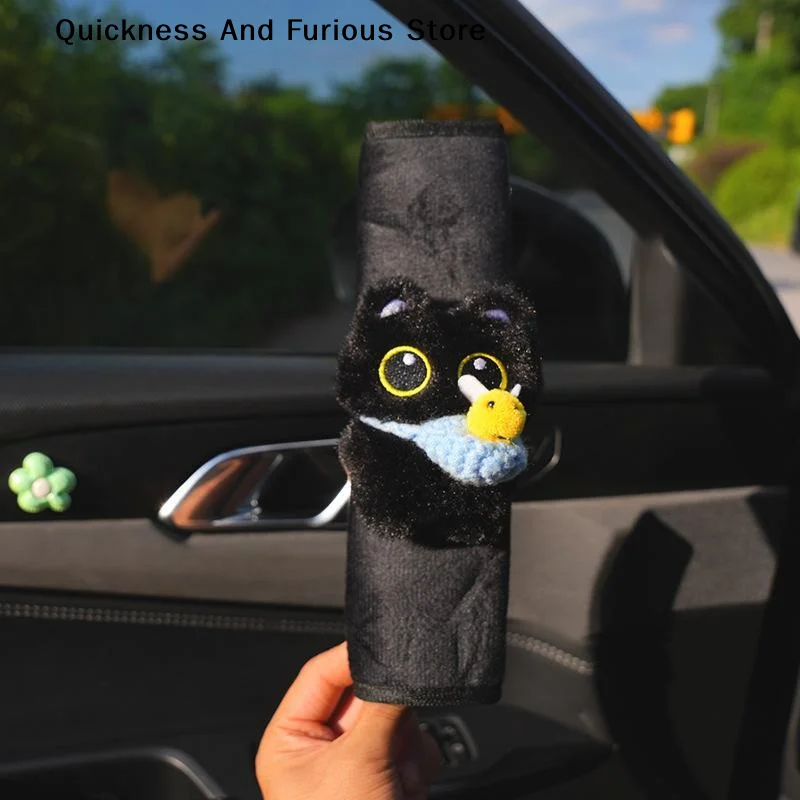 【MO】Cute Black Cat Plush Car Seat Belt Cover Soft Fabric Perfect For Daily Driving Car Decor
