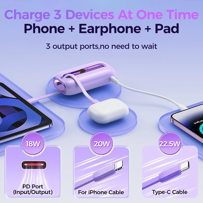 Joyroom 22.5W Mini Power Bank Fast Charging Powerbank With Type-C For iPhone Cable 10000mAh PD QC3.0 Charger For Samsung Xiaomi