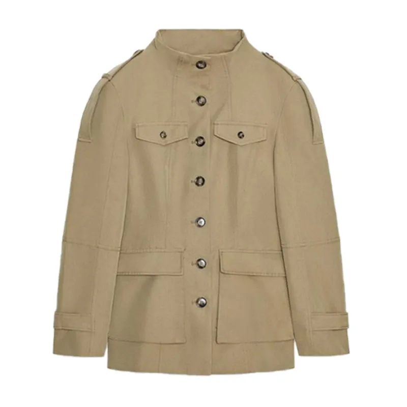 

Vintage 2025 Autumn Lady Commute Outwear Womens Khaki Stand Collar Jackets Slim Waist Single Breasted Pockets Long Sleeve Coats