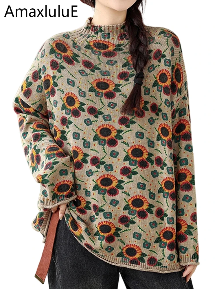 

Amax LuluE Winter 2025 Oversized Floral Turtleneck Pullover Womens Korean Vintage Loose Sweaters Ladies Leisure Classic Jumpers